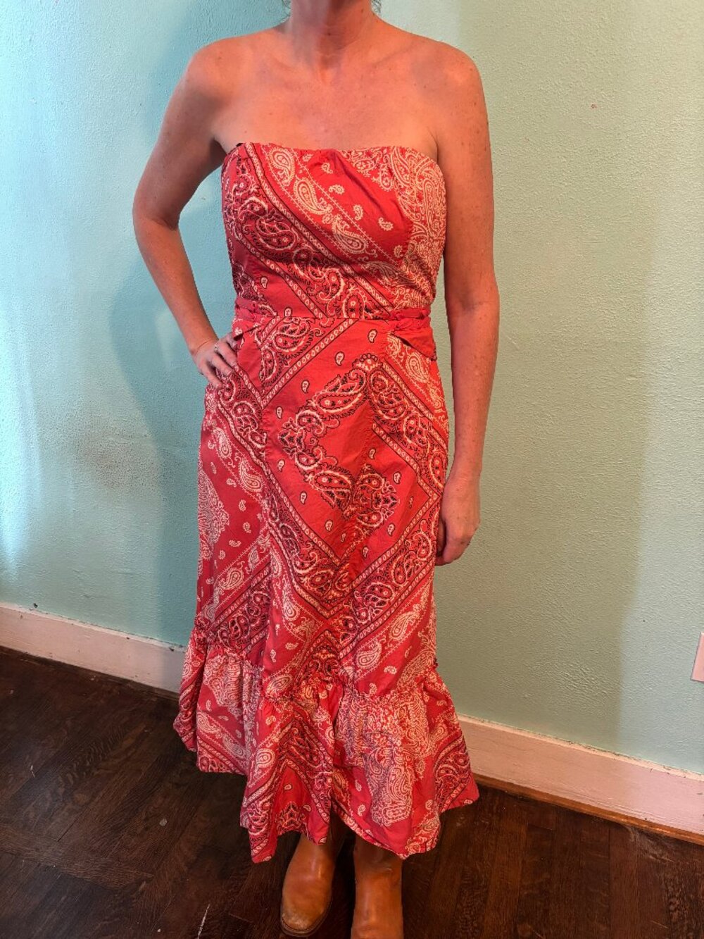 Red bandana print strapless midi dress, size 8